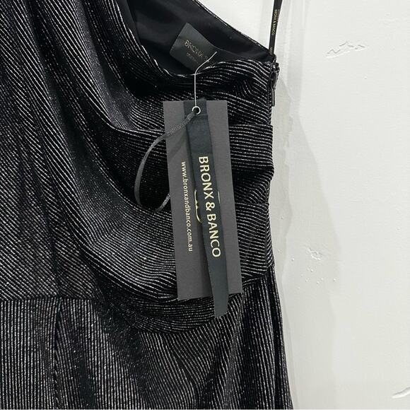 NWT Bronx and Banco Belle One Shoulder Midi Dress. Black with Metallic Thread. - Picture 7 of 11